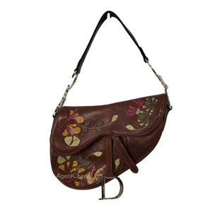 CHRISTIAN DIOR Brown Floral Embroidered Leather Saddle Bag Limited Edition Purse
